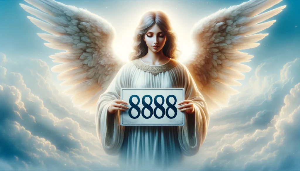 An Angel holding a sign with theNumber 8888 on it 