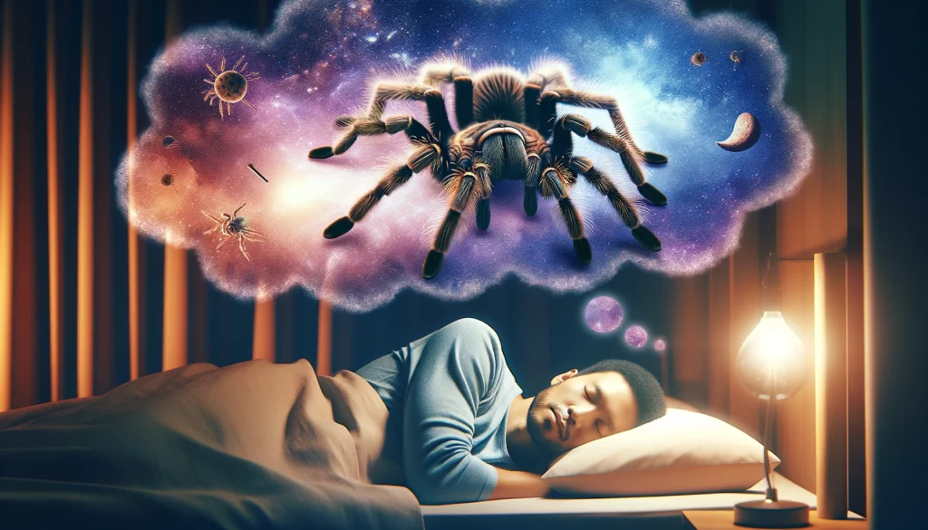 man in bed dreaming of a tarantula