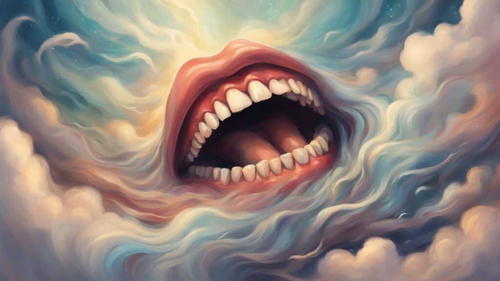 A mouth with teeth falling out, surrounded by a cloud of confusion and anxiety