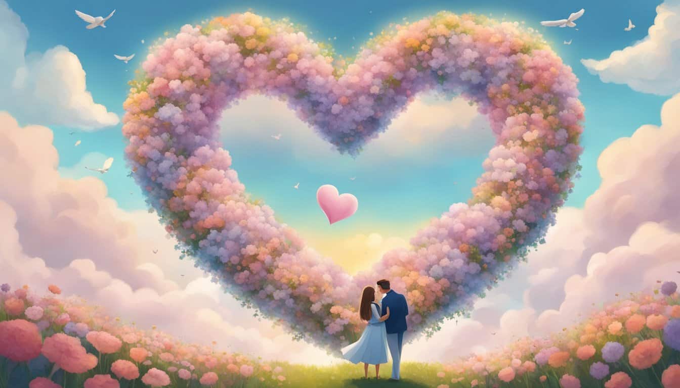 A heart-shaped cloud with the number 8888 floating above a couple embracing in a field of flowers