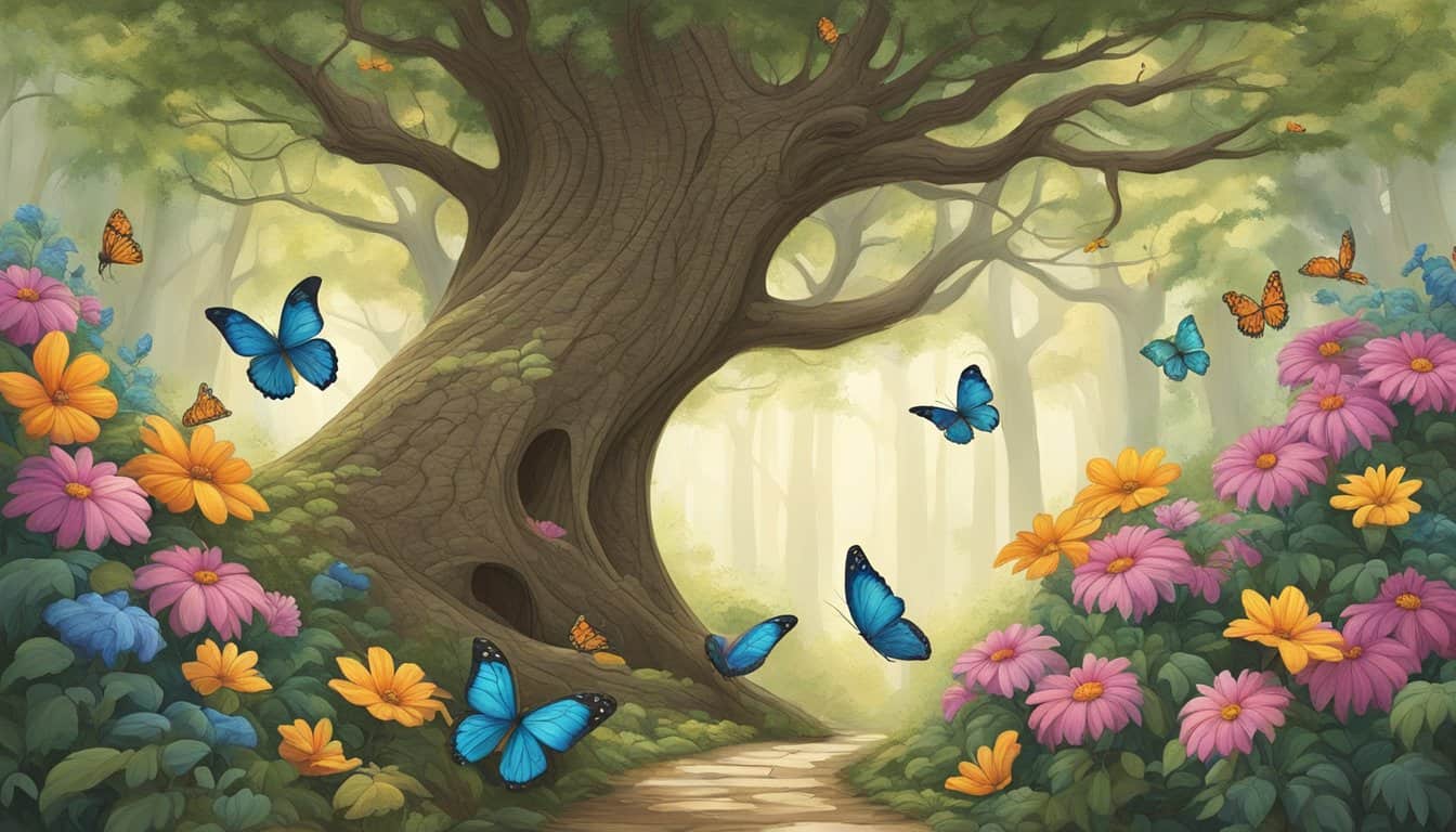 A winding path through a serene forest, with four butterflies fluttering around a cluster of vibrant, blooming flowers, and the number 8888 subtly etched into the bark of a towering tree