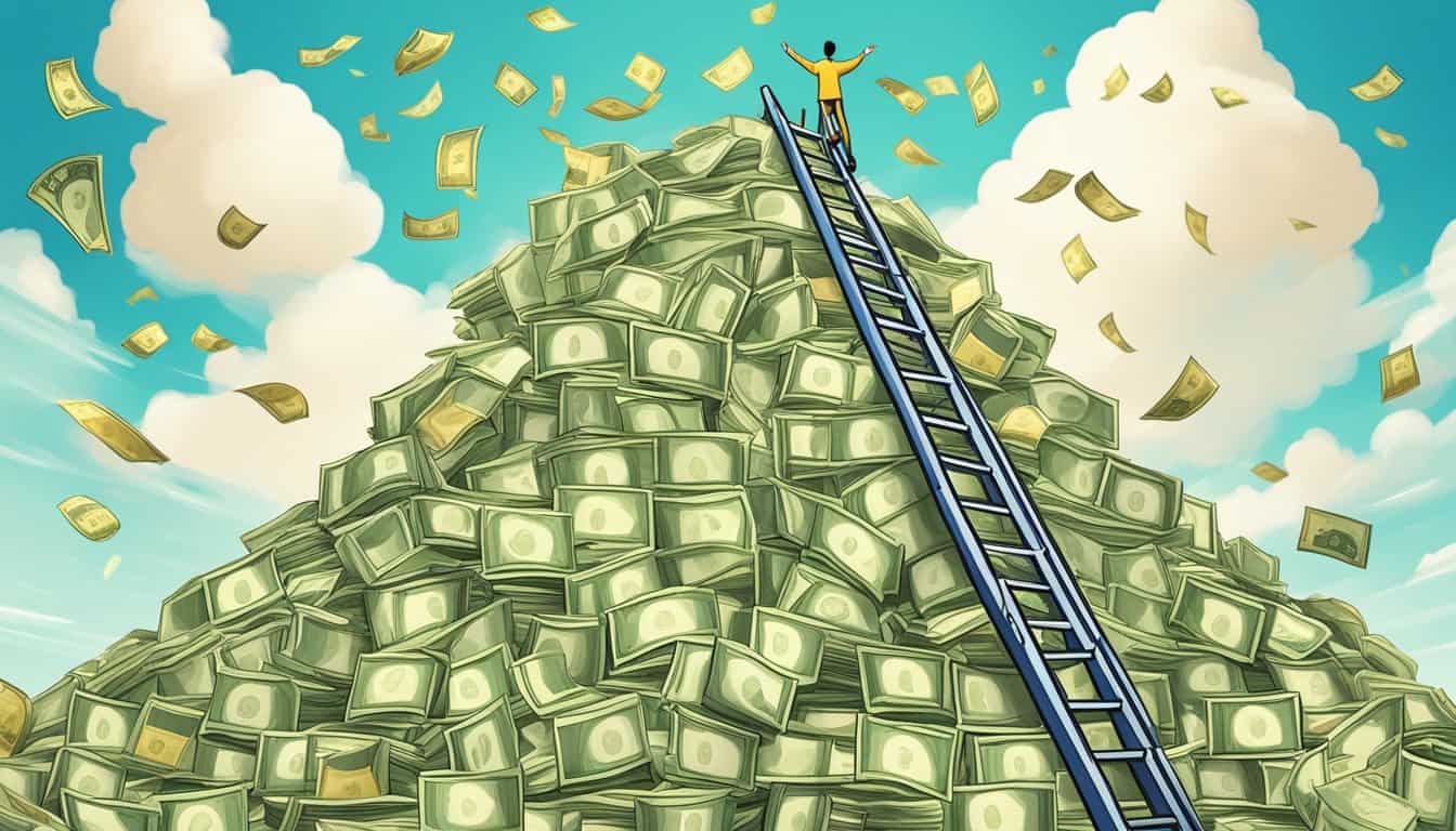 A pile of money and a ladder reaching towards the sky, surrounded by symbols of success and prosperity