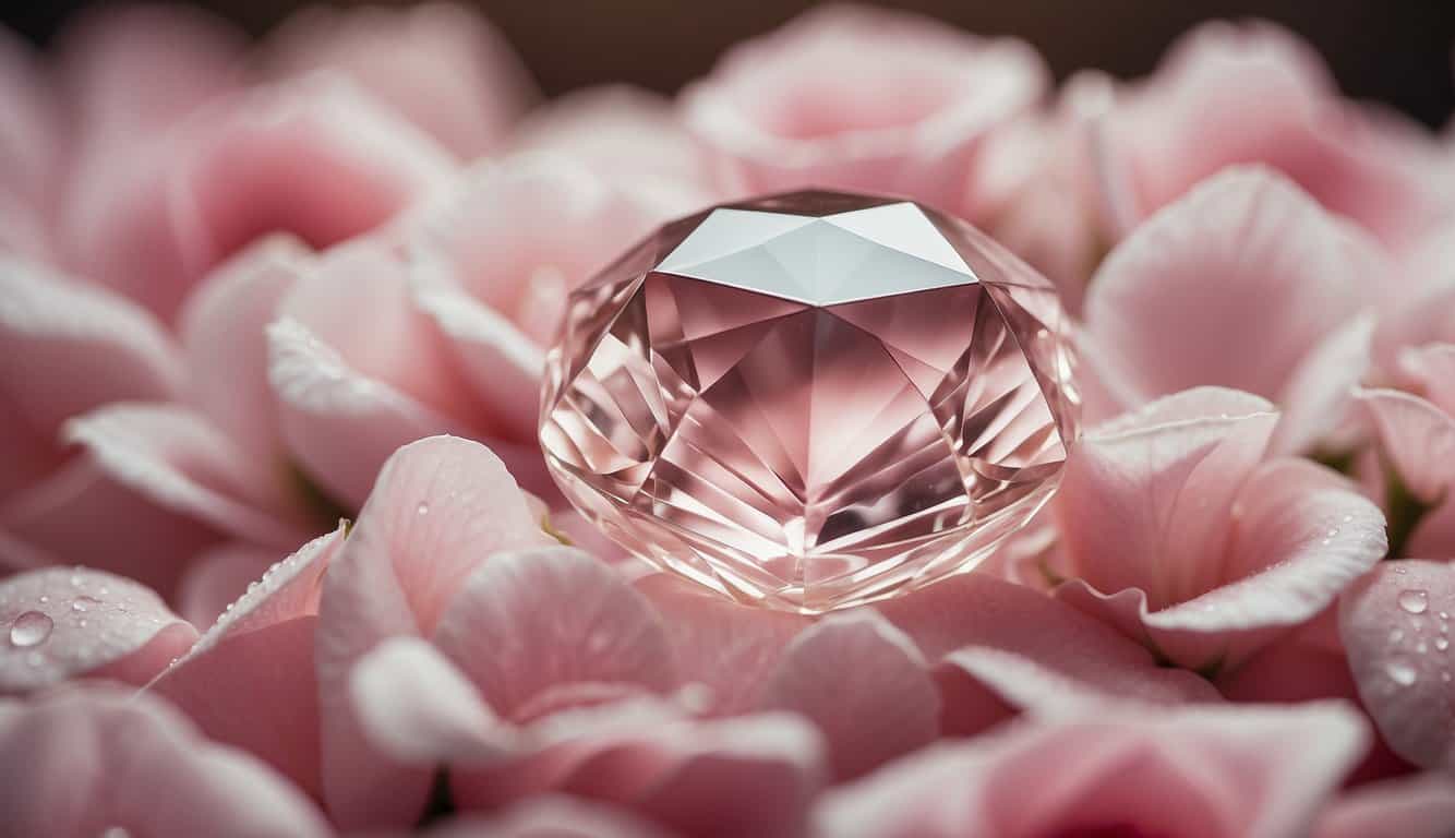 A sparkling crystal resting on a bed of soft, pink rose petals, radiating a warm, empowering energy of self-love and confidence