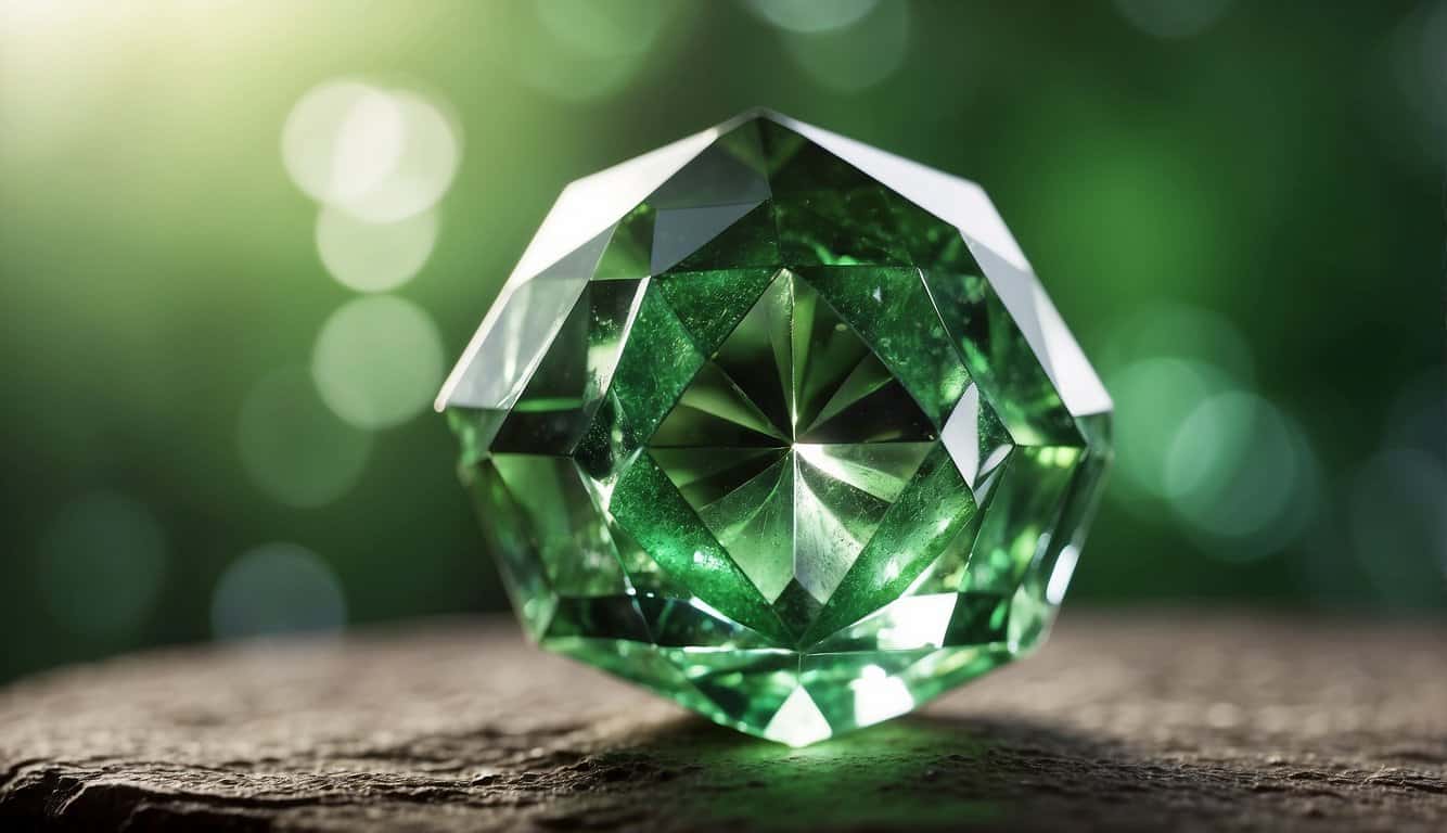 A glowing green crystal radiates love and confidence, surrounded by soft, ethereal light