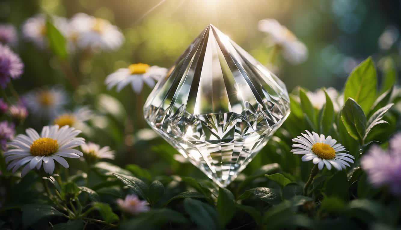 A sparkling crystal radiates self-love and confidence, surrounded by blooming flowers and lush greenery, symbolizing the journey of personal growth