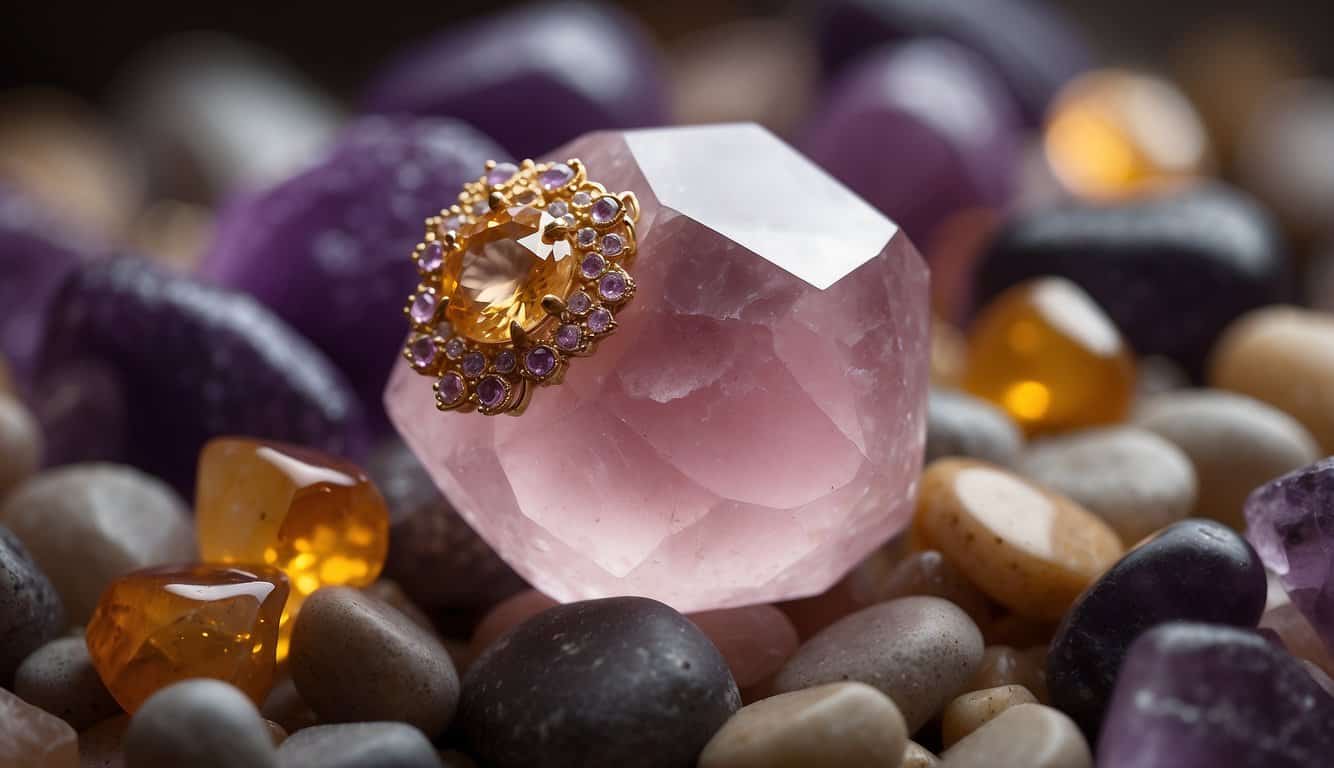 A sparkling rose quartz nestled among amethyst and citrine, radiating warmth and empowerment