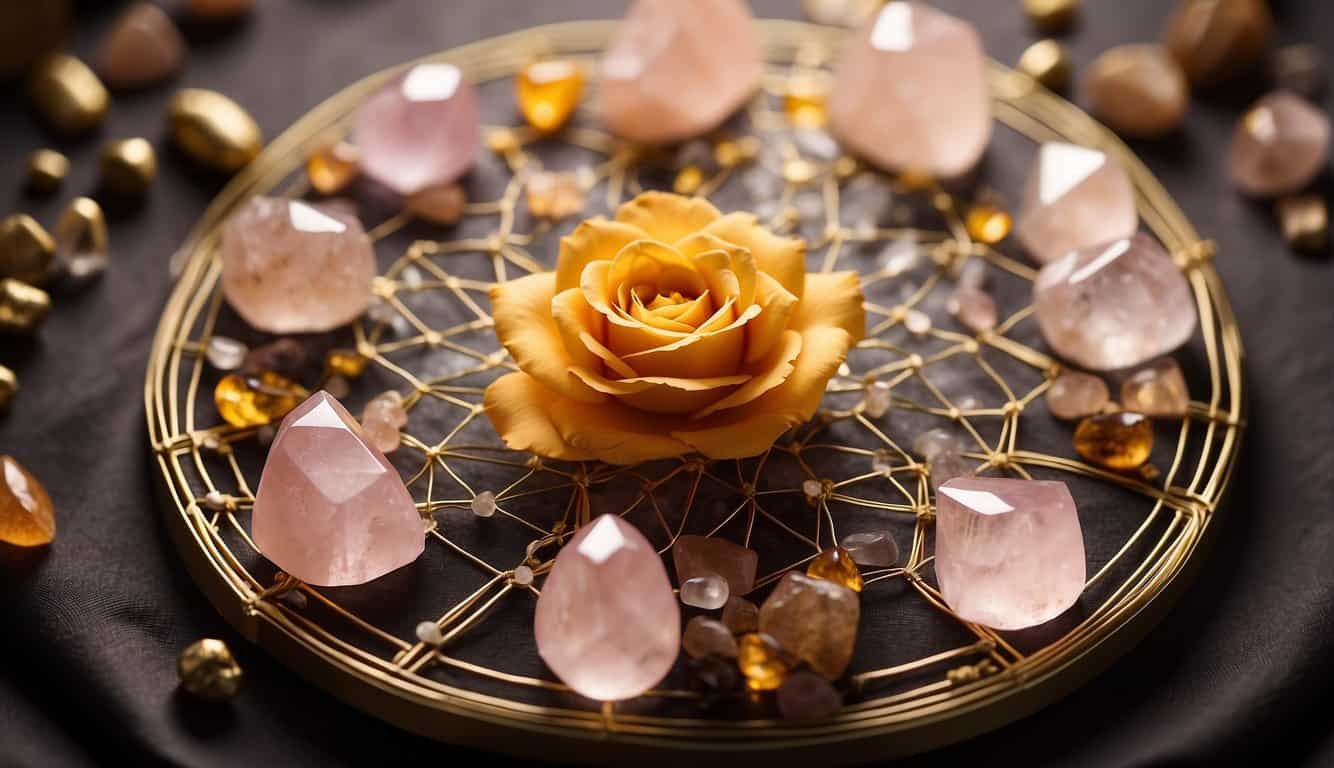A crystal grid with rose quartz, citrine, and tiger's eye radiating energy for self love and confidence