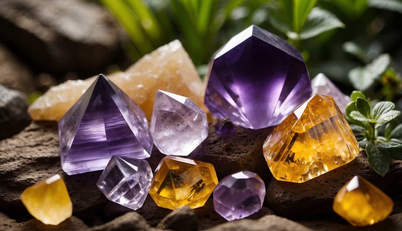 Various crystals (e.g. amethyst, citrine) arranged on a natural surface, surrounded by plants. Light shines on them, emphasizing their natural beauty and healing properties