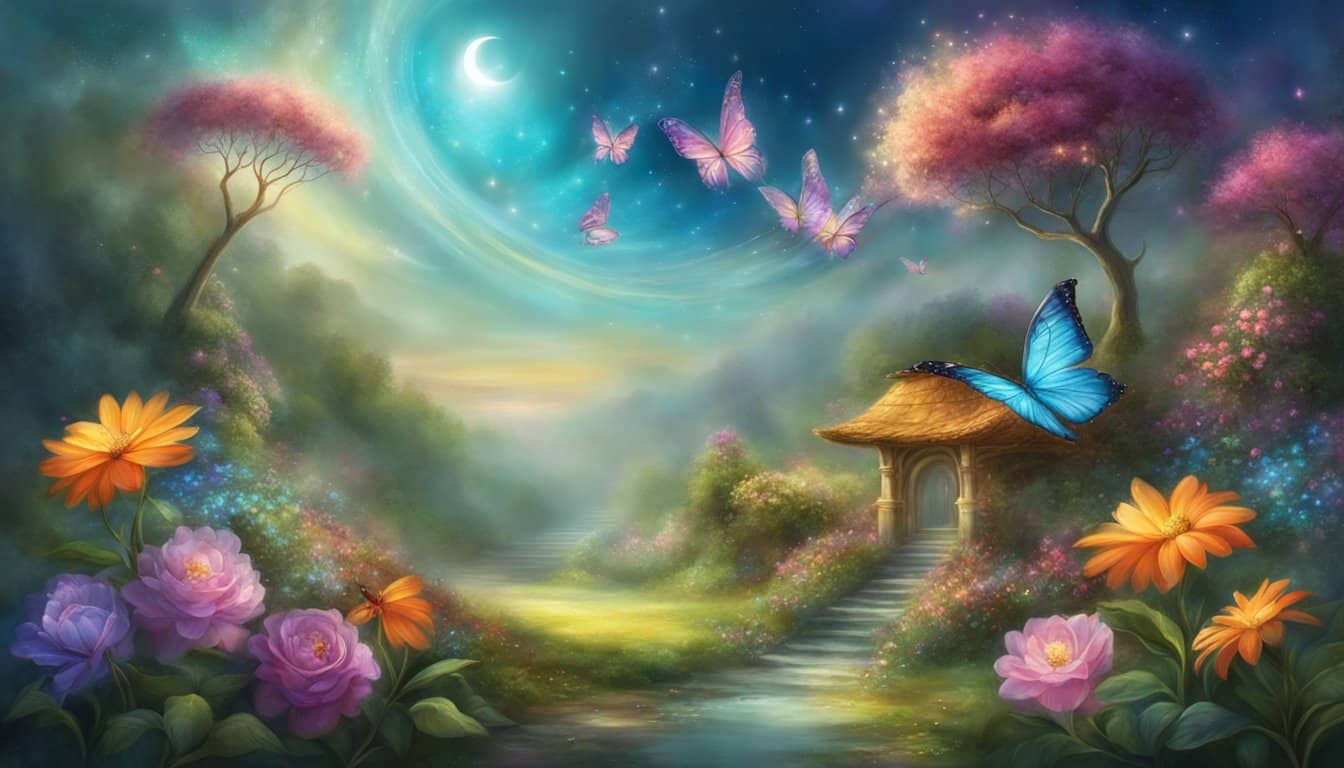 A garden with three blooming flowers, three butterflies, and three birds flying overhead, surrounded by a halo of glowing light