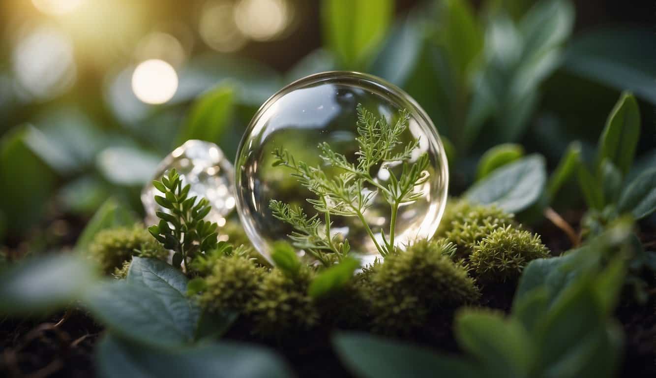 Crystals arranged in a circular pattern, emitting a soft glow, surrounded by plants and natural elements