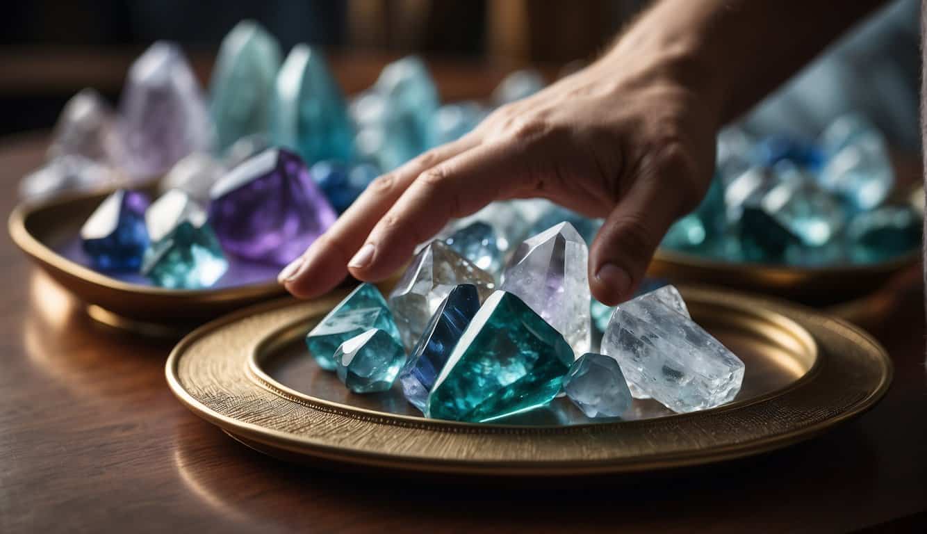 A table displays various crystals. A hand reaches for one. A care guide lays nearby