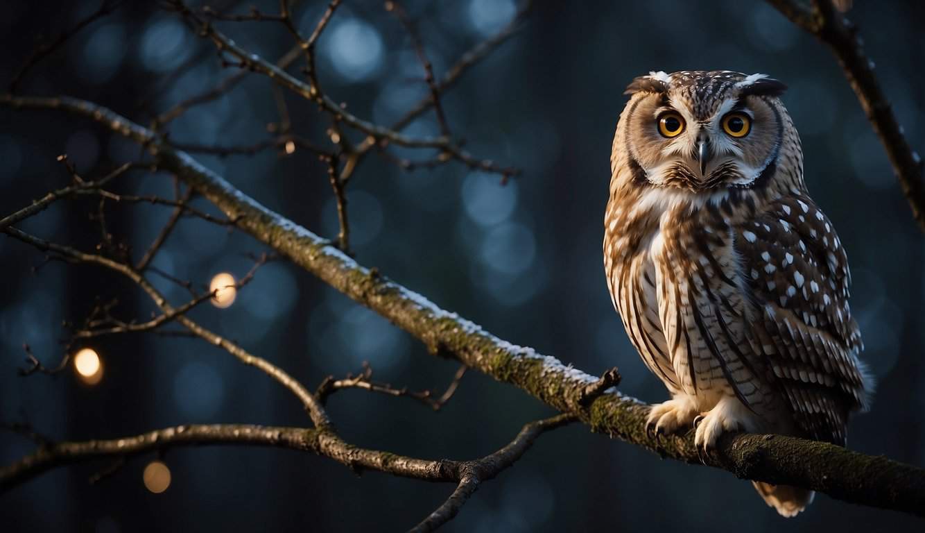 An owl perched on a moonlit branch, hooting three times with a wise and mysterious presence