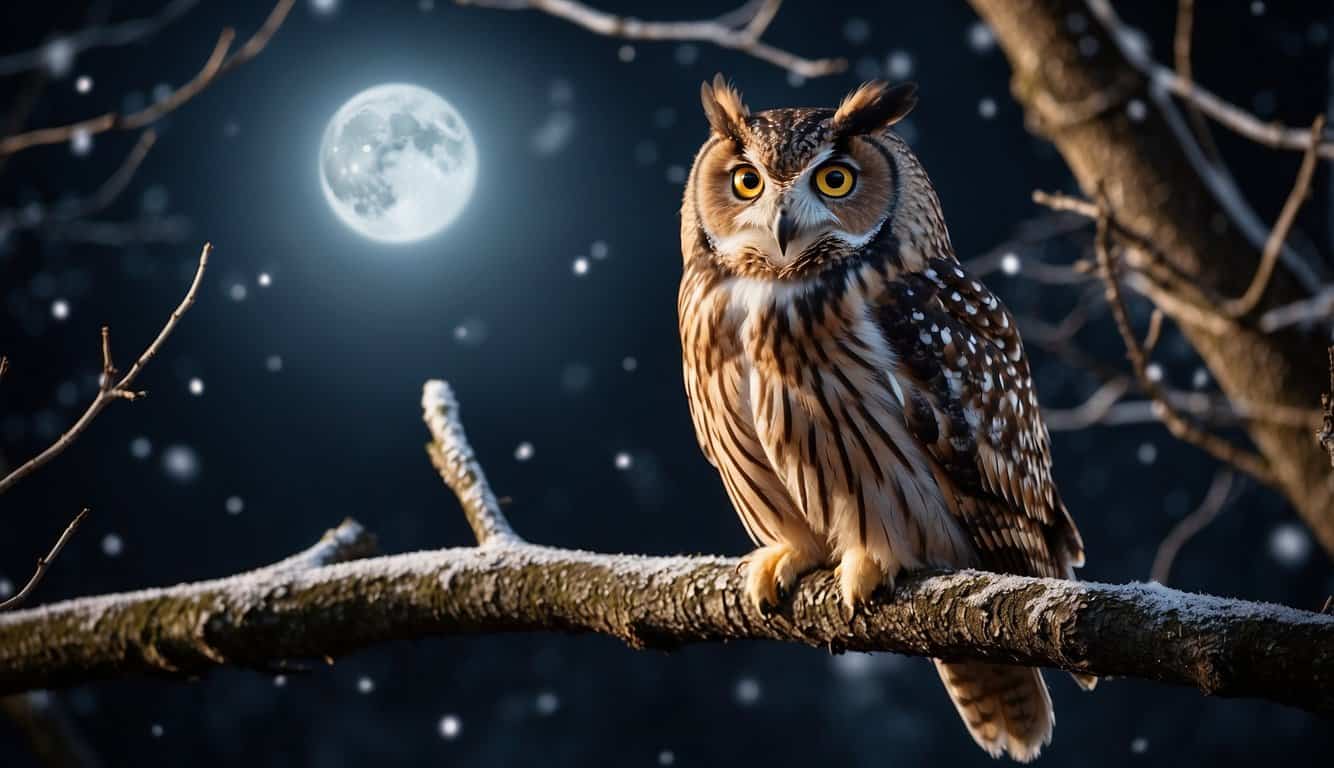 An owl perched on a tree branch, hooting three times in the moonlit night
