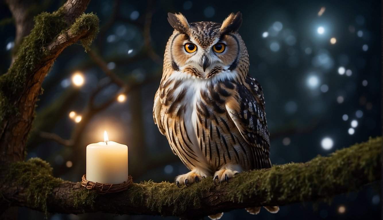 An owl perched on a moonlit branch, hooting three times, surrounded by mystical symbols and a sense of spiritual significance