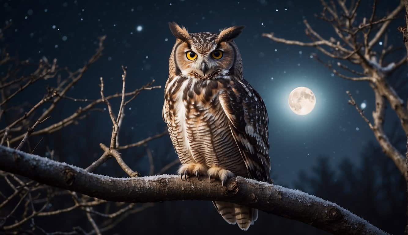 An owl perched on a bare tree branch, hooting three times under the moonlit sky, surrounded by a mystical aura