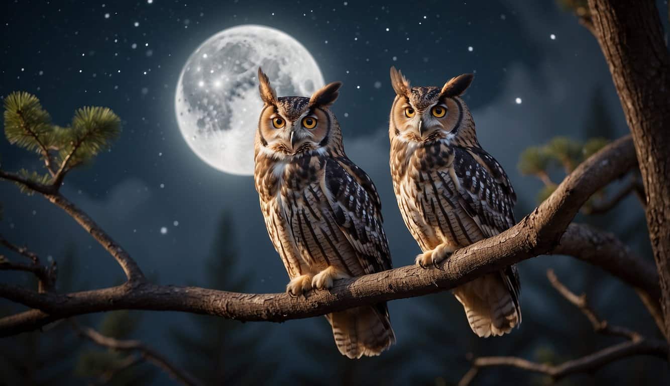 An owl perched on a tree branch, hooting three times. The moon shines brightly, creating an ethereal atmosphere