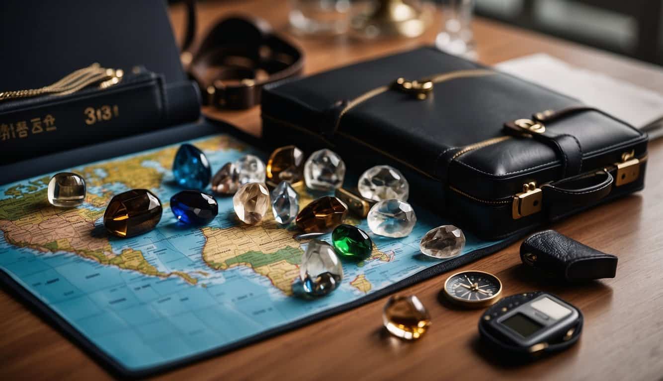 A collection of protective crystals arranged on a map, surrounded by travel essentials like a passport, compass, and suitcase