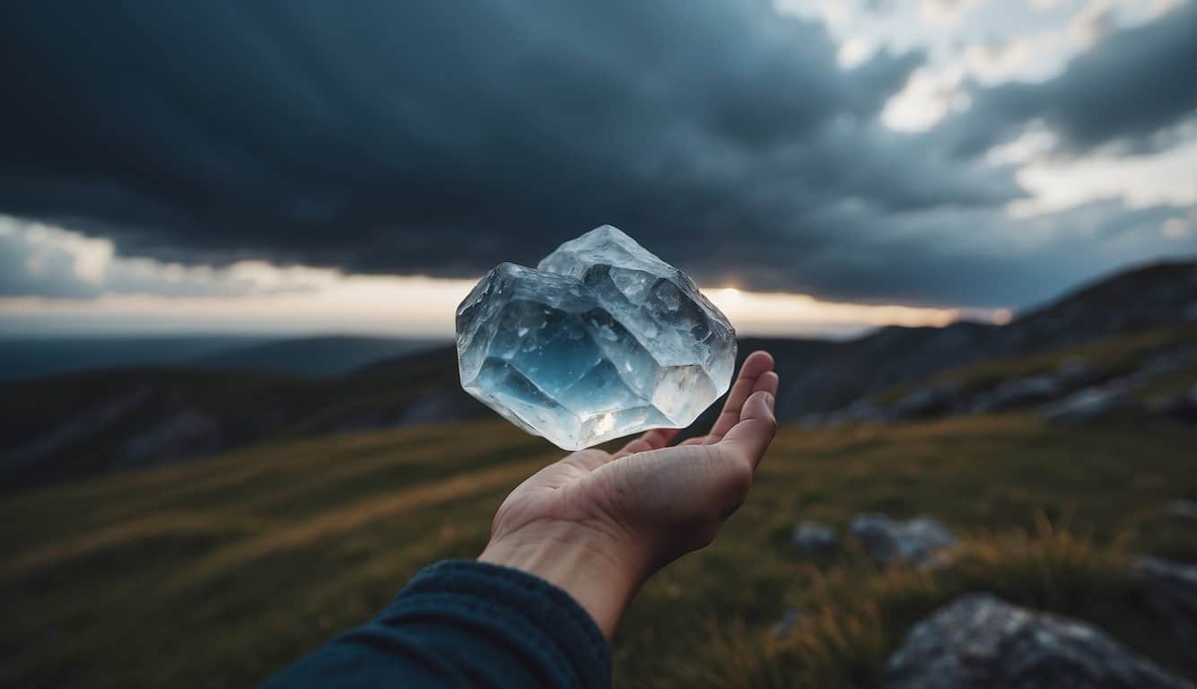 A traveler holding a pouch of calming crystals, surrounded by a protective bubble, facing a stormy sky