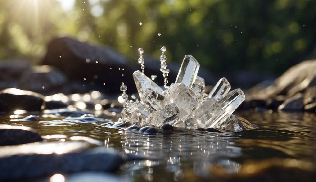 Crystals being cleansed in a stream of running water, then placed under sunlight for recharging