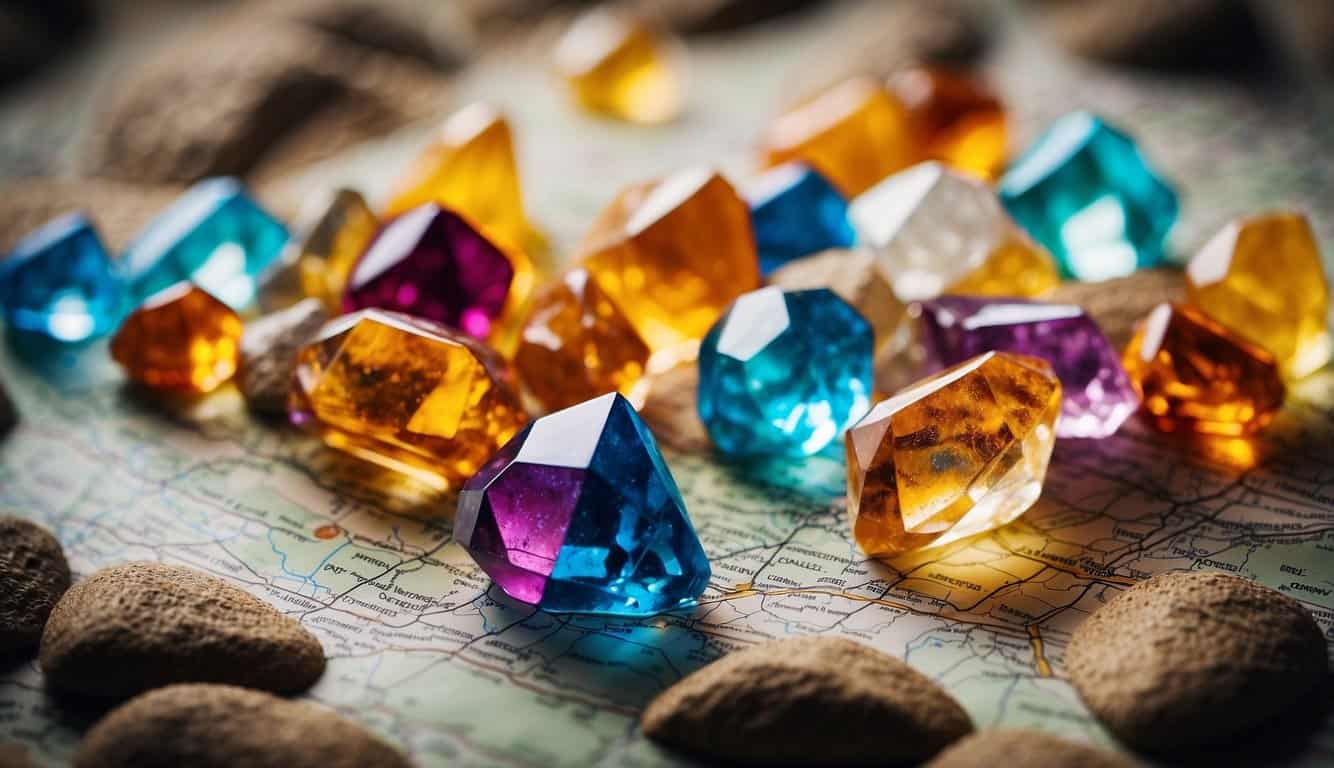 A collection of vibrant crystals arranged on a map, emitting a radiant energy for safe and positive travel vibes