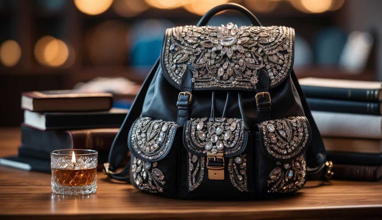 A backpack with built-in crystal pockets, a crystal-adorned passport holder, and a crystal-infused travel journal on a table