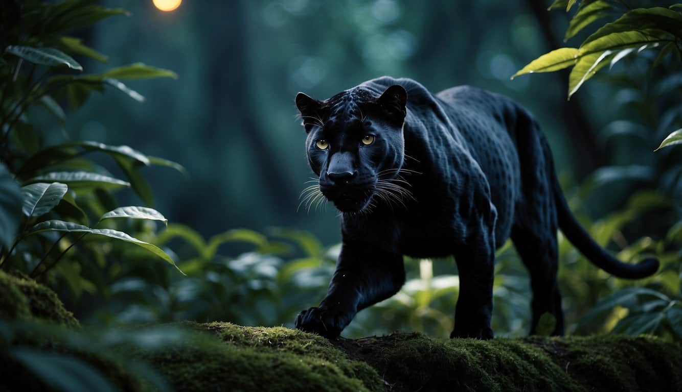A black panther prowls through a moonlit jungle, its sleek fur glistening in the dim light as it moves gracefully through the trees