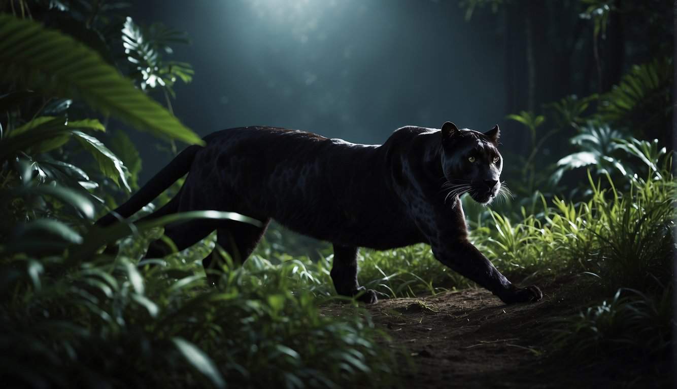 A black panther prowls through a moonlit jungle, its sleek form blending into the shadows as it hunts for prey