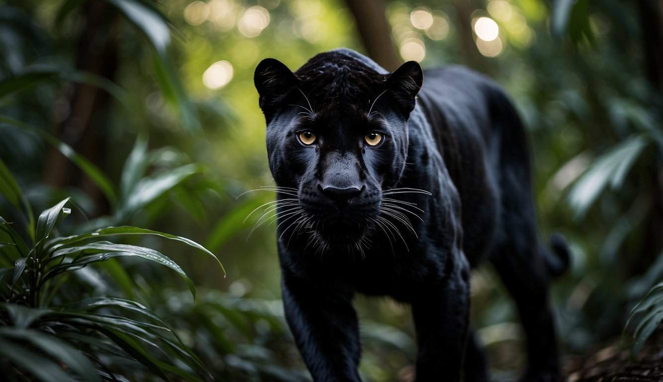 A black panther prowls through a dense jungle, its sleek fur glistening in the moonlight as it moves silently through the shadows