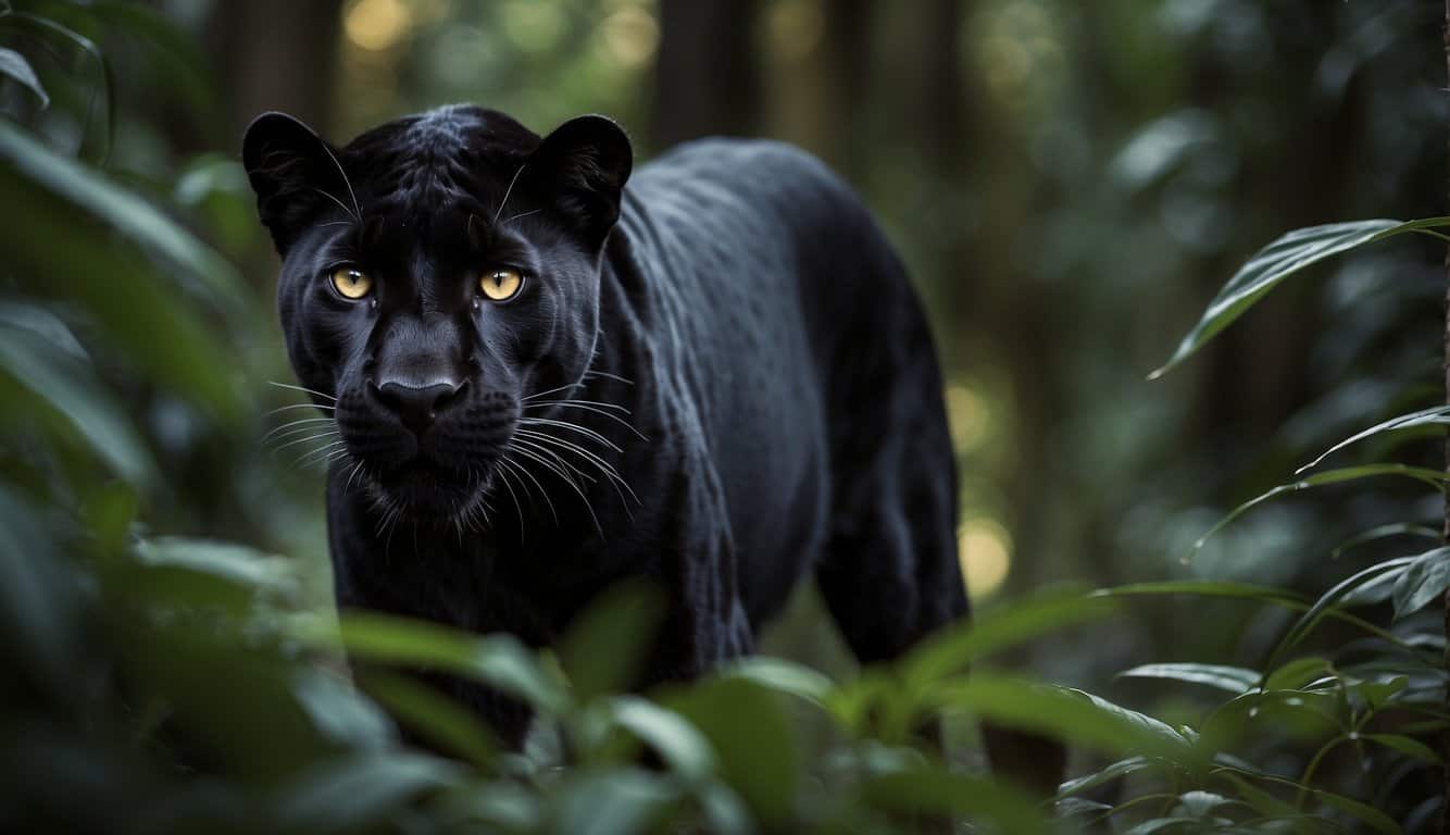 A sleek black panther prowls through a dense jungle, its golden eyes gleaming in the darkness as it moves with silent grace
