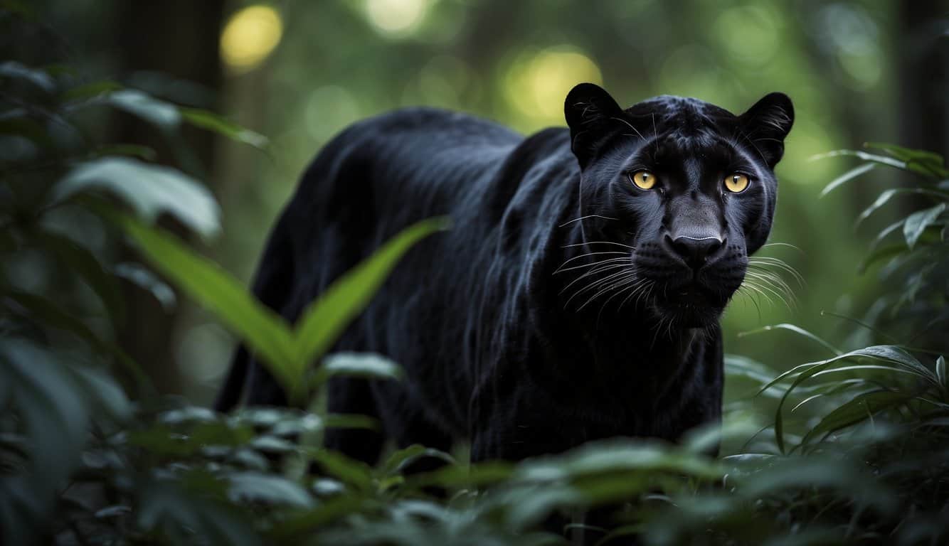 A sleek black panther prowls through a dense jungle, its piercing yellow eyes glowing in the darkness, exuding an aura of power and mystery