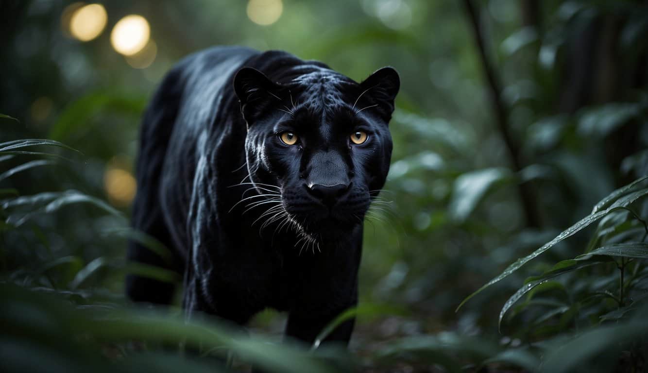 A sleek black panther prowls through a dense jungle, its golden eyes gleaming in the moonlight, exuding power and mystery