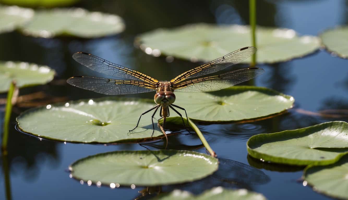 A dragonfly hovers near a serene pond, its iridescent wings shimmering in the sunlight as it delicately lands on a lily pad