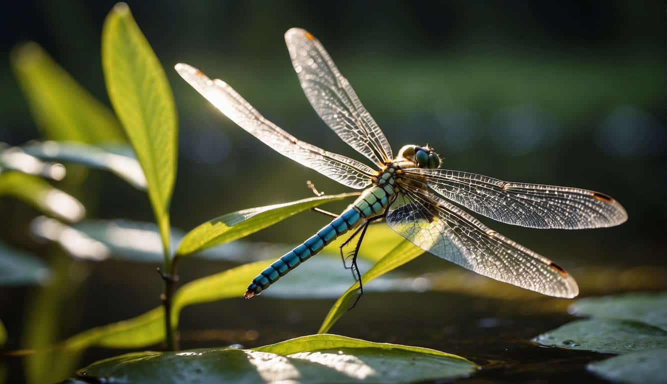 A dragonfly hovers gracefully over a tranquil pond, its iridescent wings shimmering in the sunlight. The air is filled with a sense of tranquility and spiritual significance as the dragonfly symbolizes transformation and the presence of loved ones who have