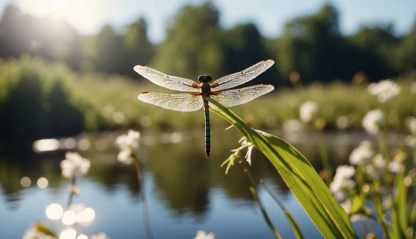 A dragonfly hovers above a still pond, its iridescent wings glinting in the sunlight. Surrounding flowers sway gently in the breeze, creating a sense of tranquility and harmony in the natural setting