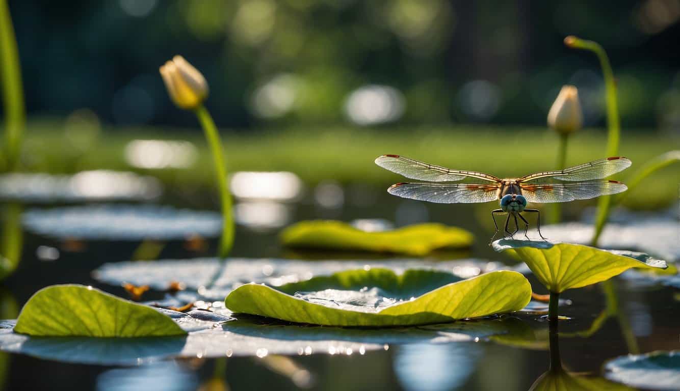 A dragonfly hovers above a tranquil pond, its iridescent wings catching the sunlight. It lands on a lily pad, symbolizing change and transformation