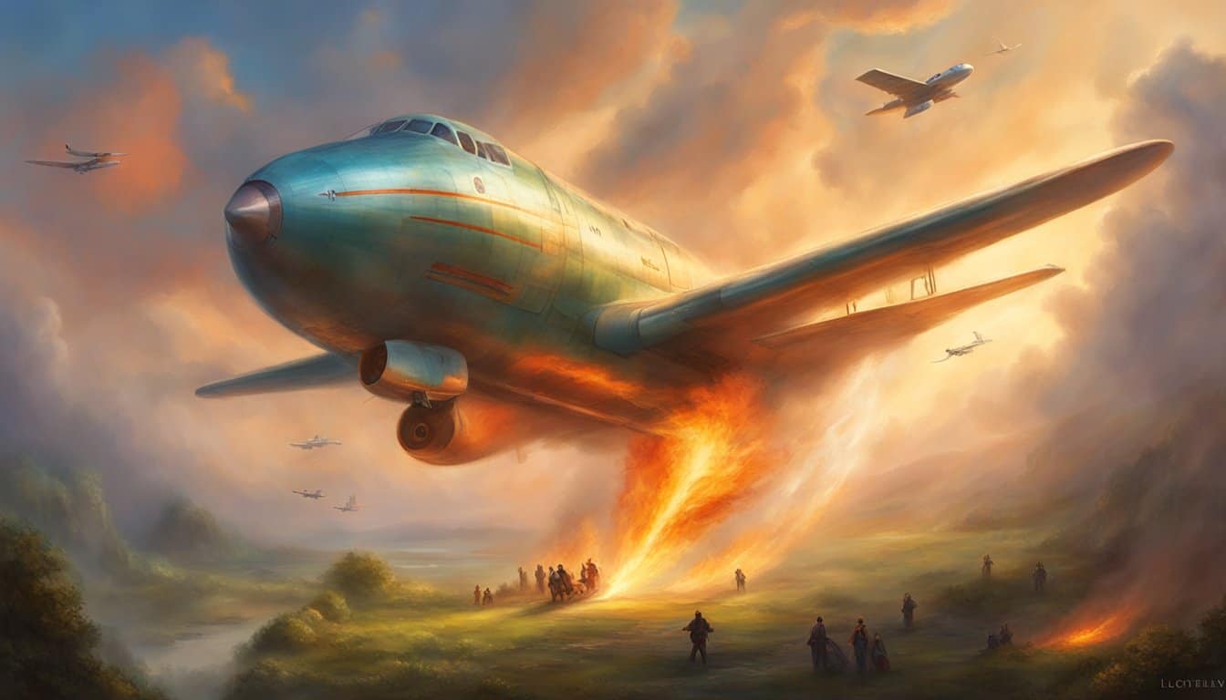 A plane hurtles towards the ground, smoke billowing from its engines, as onlookers react in shock and horror