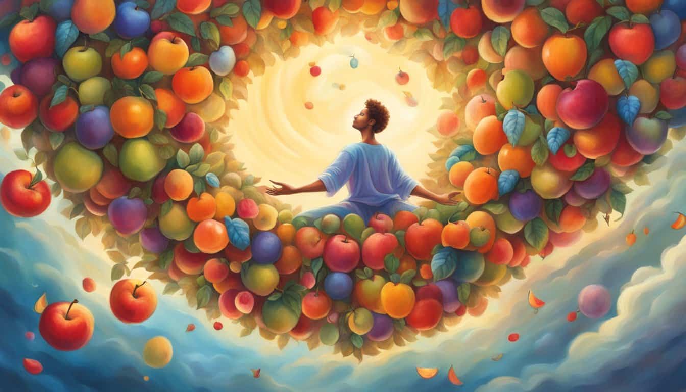 A person floats in a sky filled with giant, colorful fruits. They reach out to pluck a juicy apple, their eyes closed in bliss
