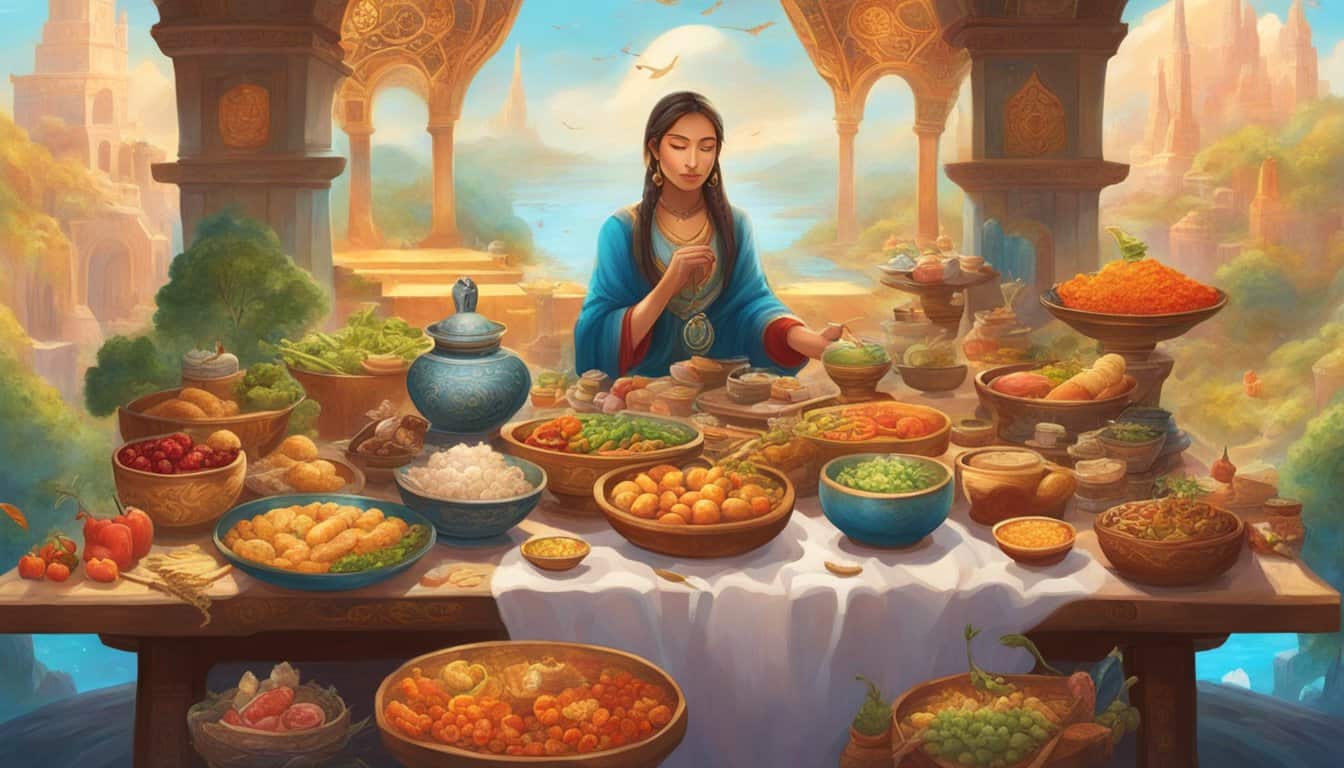 A table overflowing with diverse foods, surrounded by symbols of different cultures and religions. A person sits with closed eyes, savoring each bite