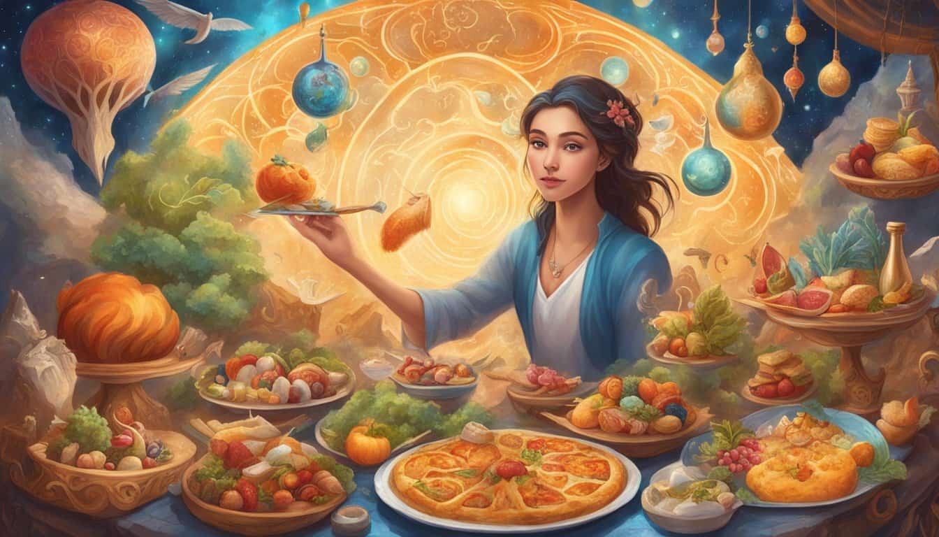 A person eating a variety of foods while surrounded by symbols representing different aspects of their life and emotions