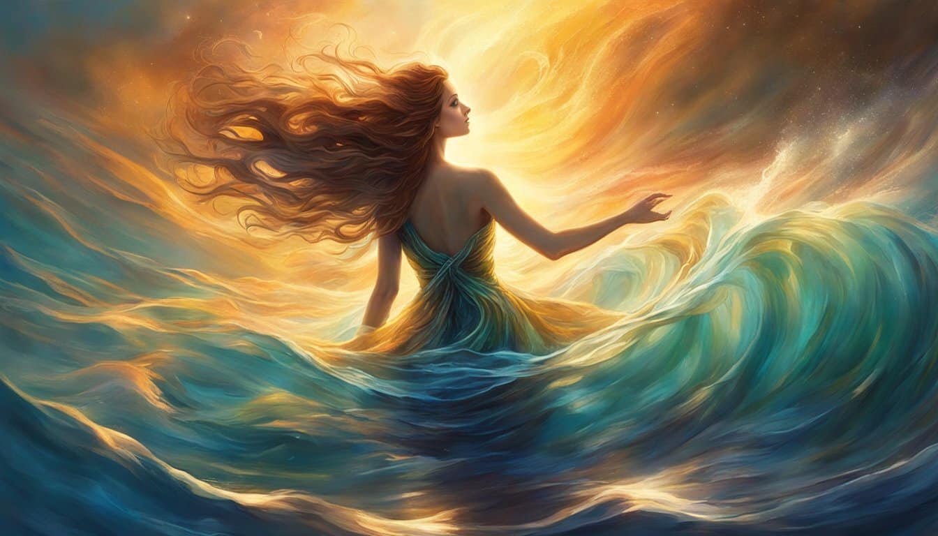 A figure submerged in dark, swirling waters, struggling to reach the surface, with sunlight breaking through the waves above