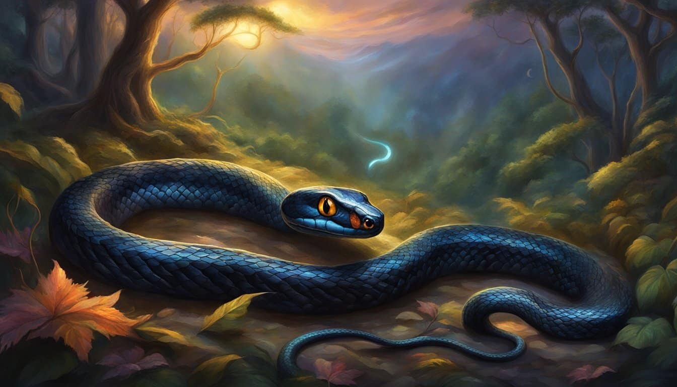 A black snake slithers through a dark forest, its scales glistening in the moonlight. Its eyes gleam with a hypnotic intensity, exuding an aura of mystery and danger