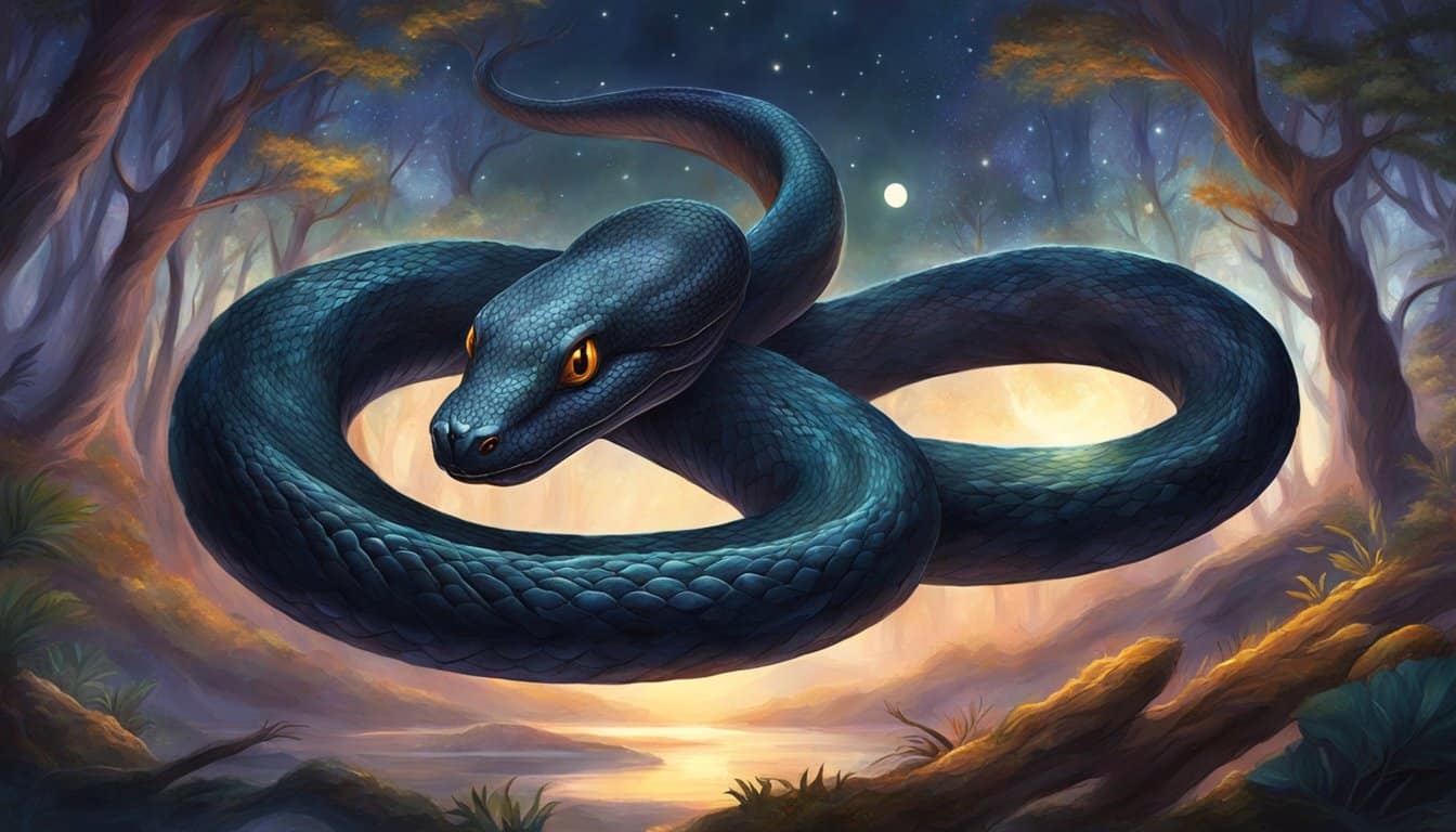 A black snake slithers through a dark, tangled forest, its scales glistening in the moonlight