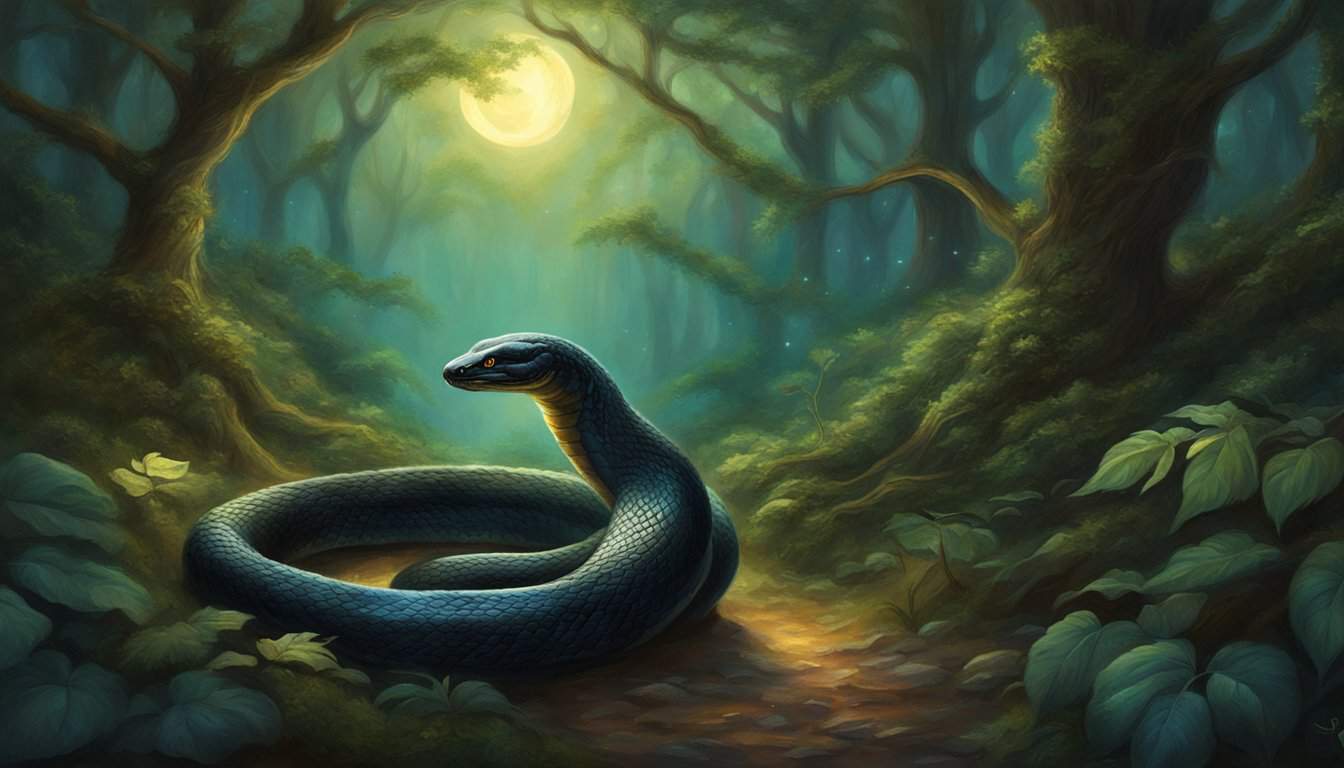 A black snake slithers through a moonlit forest, its scales shimmering in the dim light as it moves silently through the underbrush
