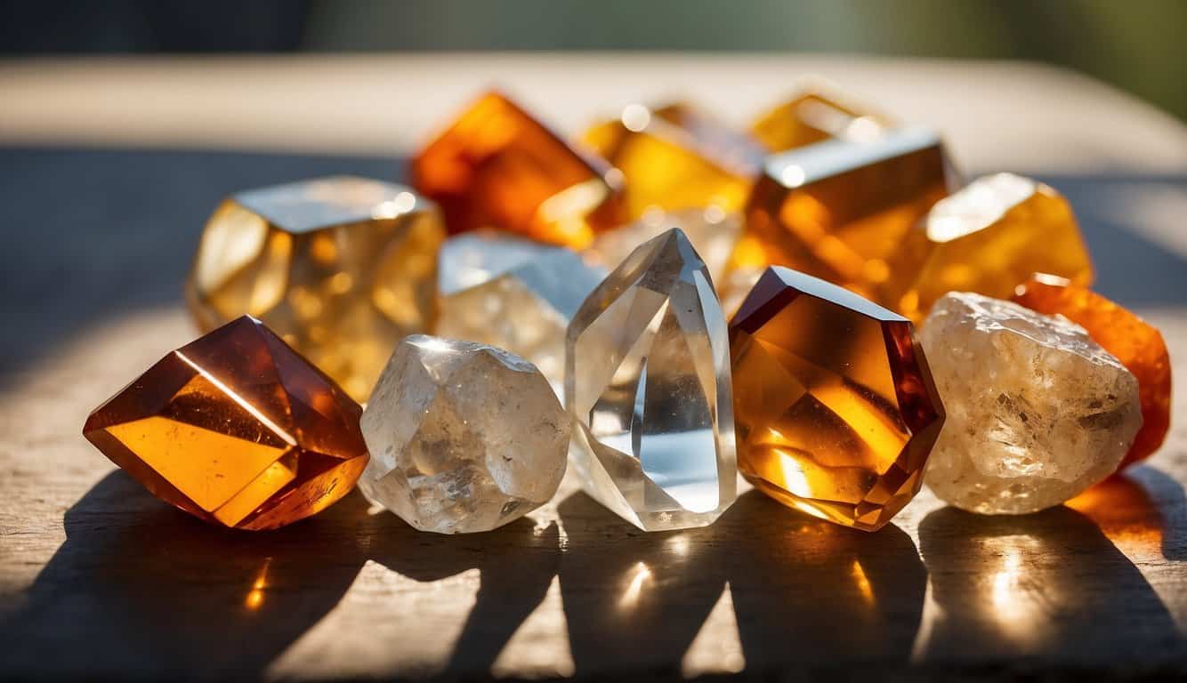 Various crystals like citrine, carnelian, and clear quartz arranged on a table, with sunlight casting colorful reflections