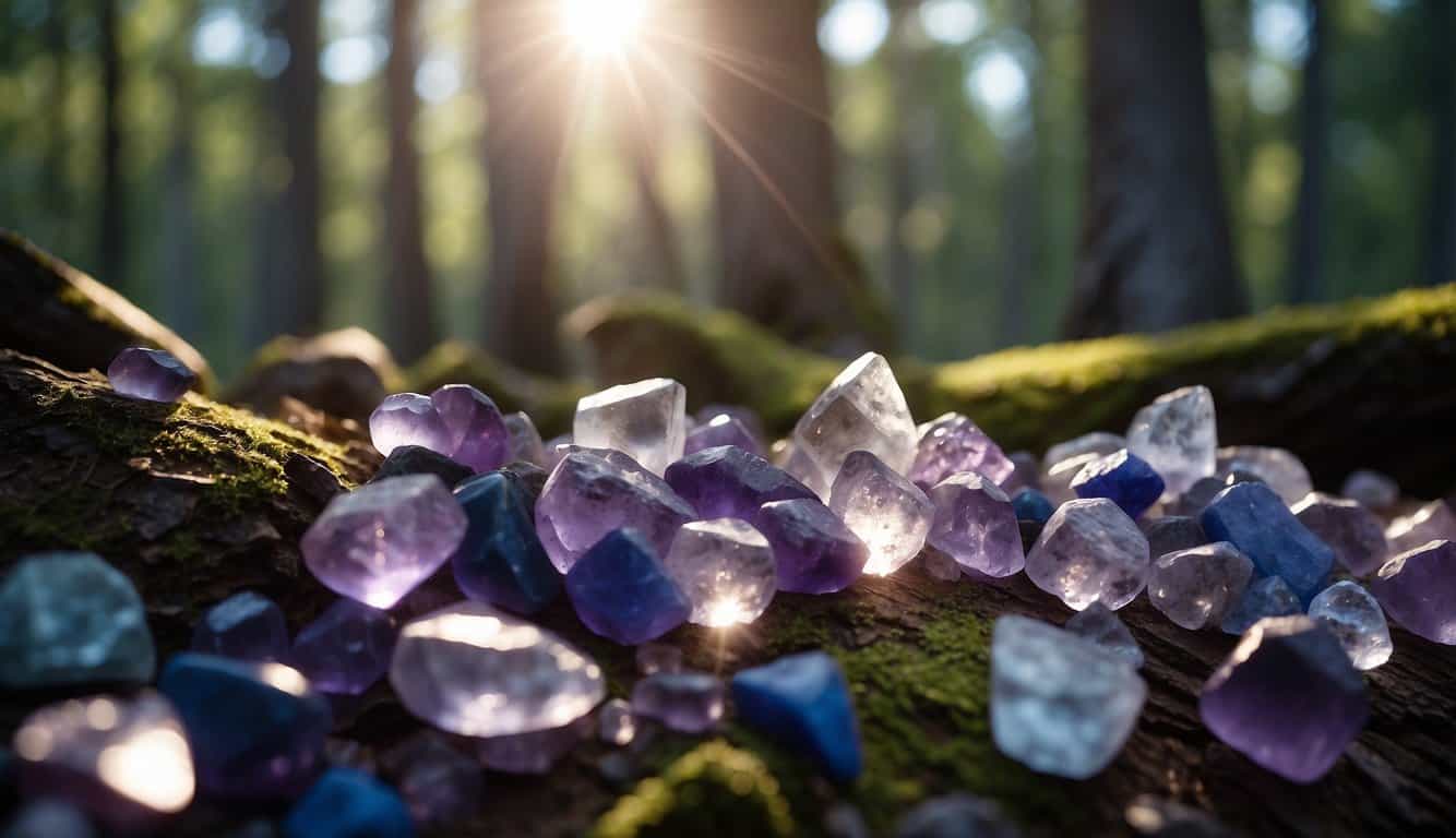 A serene forest clearing with sunlight streaming through the trees, illuminating a collection of sparkling amethyst, fluorite, and lapis lazuli crystals