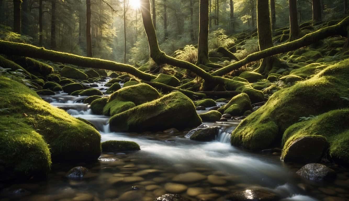 A serene forest clearing with a flowing stream, where crystals are placed on moss-covered rocks, reflecting the dappled sunlight