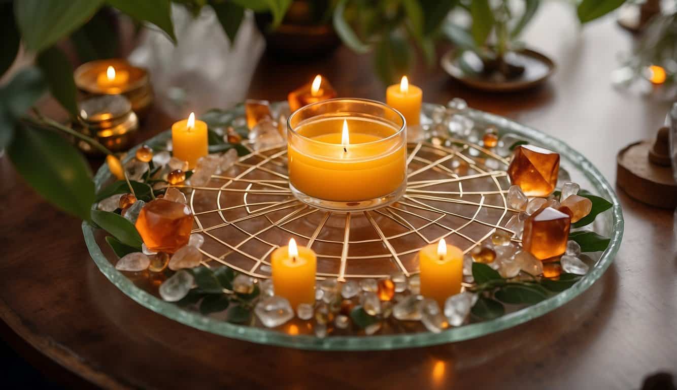 A crystal grid with citrine, carnelian, and tiger's eye arranged in a sunburst pattern on a table, surrounded by candles and greenery