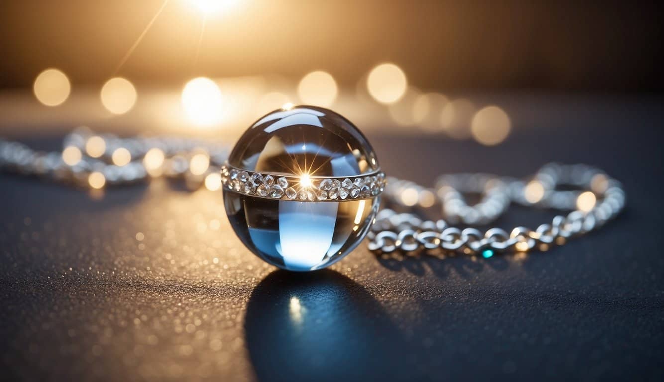 A crystal necklace hovers over a glowing orb, emitting soothing energy to alleviate pain
