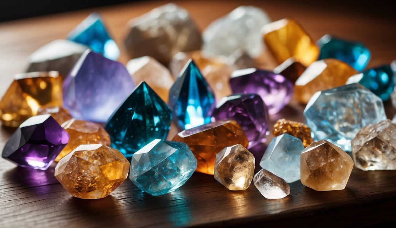 A collection of crystals arranged on a wooden table, each labeled with its corresponding pain it is believed to heal
