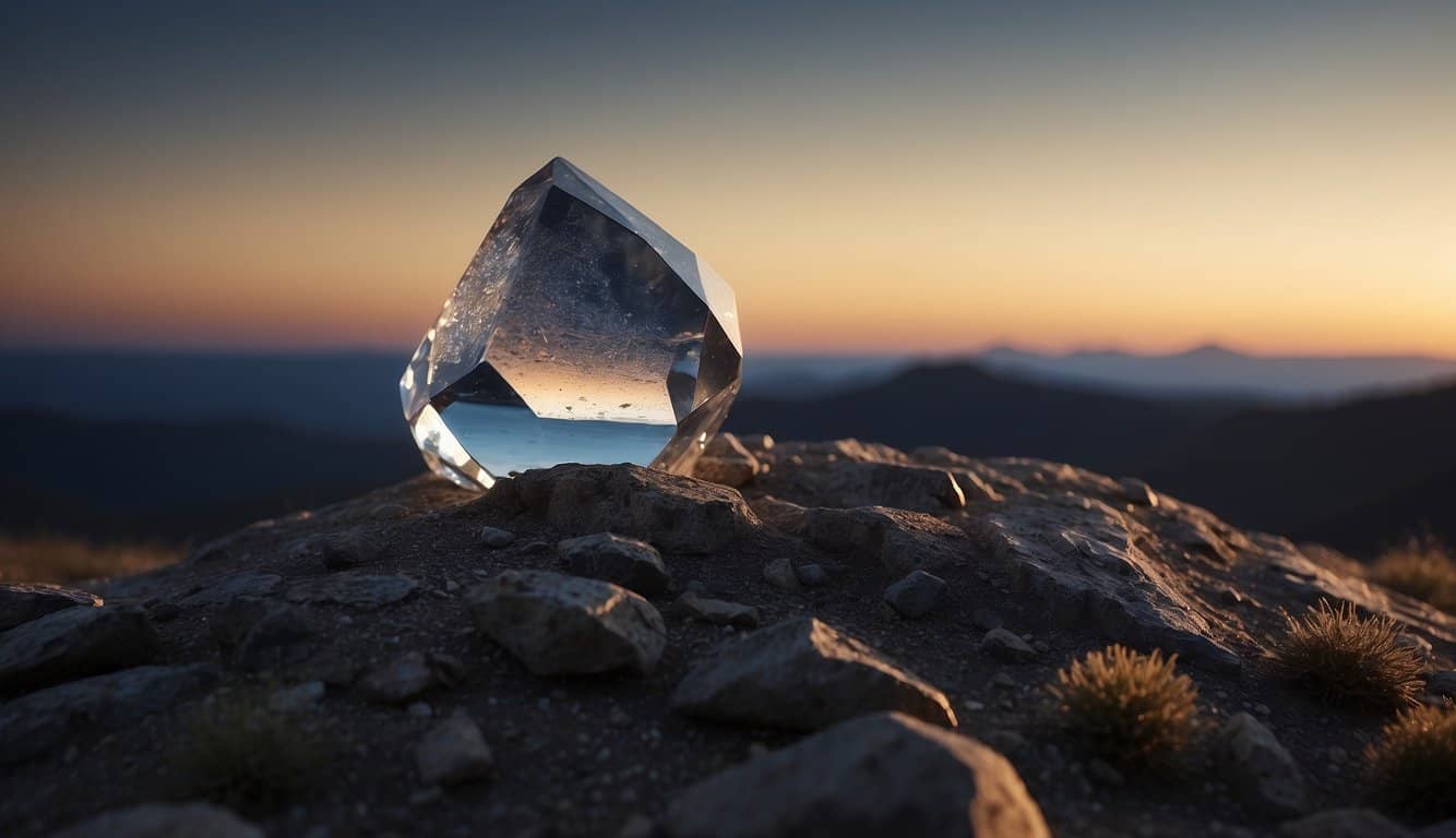 A solitary crystal sits atop a barren hill, reflecting the moonlight in a desolate landscape